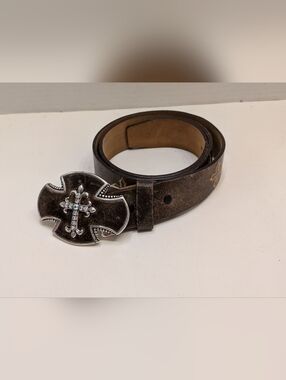 JUSTIN Leather Belt Women's 36 Brown Western Cross Buckle Bent Rail Rhinestone